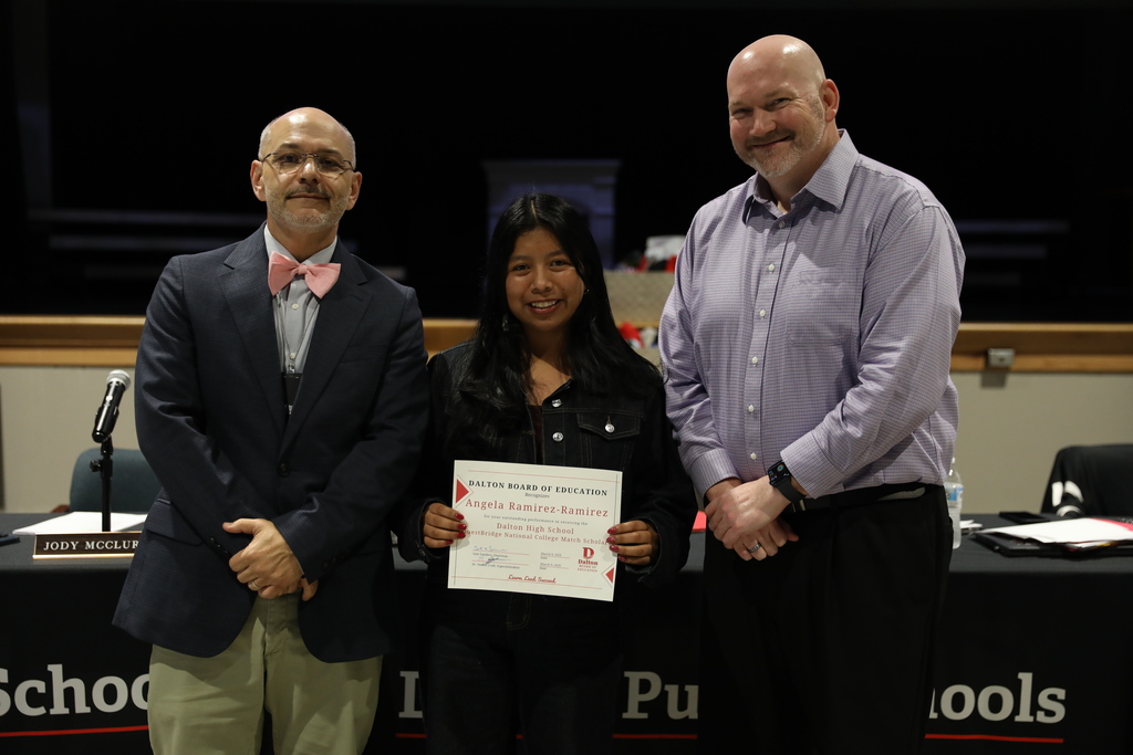 During the March 9 Board of Education meeting, Dalton Public Schools recognized student achievements, staff leadership, and community excellence across the district while also celebrating School Board Appreciation Month with a special presentation honoring the Dalton Board of Education.  The Board recognized the Middle School Varsity Basketball Team for earning BGMSAA Runner-up honors, and the Dalton High School Game Day Cheer Team for qualifying for the 2026 State Tournament. The Board also honored Dalton High School senior Angela Ramirez-Ramirez for being named a QuestBridge National College Match Scholar, and student-athletes from Dalton Junior High School and Hammond Creek Middle School who were selected for the Georgia Middle School All-Star Basketball Team.  In addition, the Board recognized Jeff Wells for his leadership in guiding all 10 Dalton Public Schools to earn the Ready Georgia Seal of Preparedness. Students from Dalton High School were also honored for their work featured in the Hunter Museum Teen Art Show, including Giselle Nunez, Aaron Augustine, and Sulema Morales, whose artwork earned recognition and awards.  The Board also celebrated Dr. Steven Craft for being named a 2025–2026 Superintendent to Watch by the National School Public Relations Association (NSPRA).  The Board congratulates all honorees for their dedication, talent, and commitment to excellence in Dalton Public Schools.