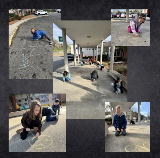 Student writing chalk messages to encourage teachers 