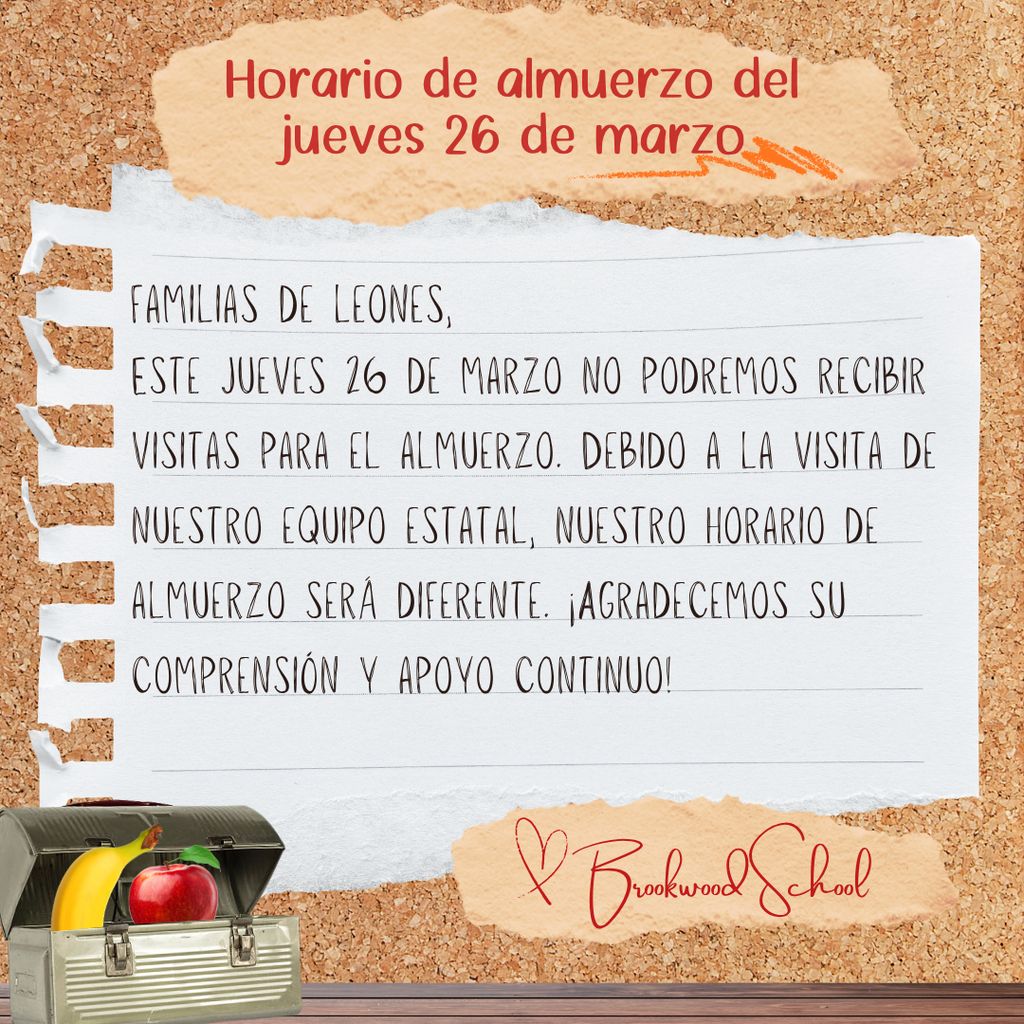 Este jueves 26 de marzo no podremos recibir visitas para el almuerzo. Debido a la visita de nuestro equipo estatal, nuestro horario de almuerzo será diferente. ¡Agradecemos su comprensión y apoyo continuo! 