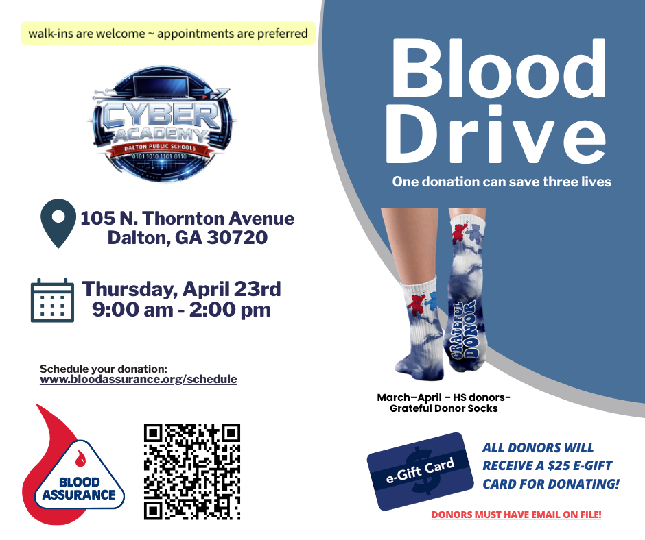 Information for the Blood Drive on April 23, 2026 at Cyber Academy, QR code included