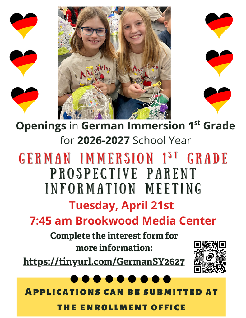parents interested in their student joining german immersion in 1st grade can come to a meeting in the brookwood media center on tuesday, april 21st at 7:45am!