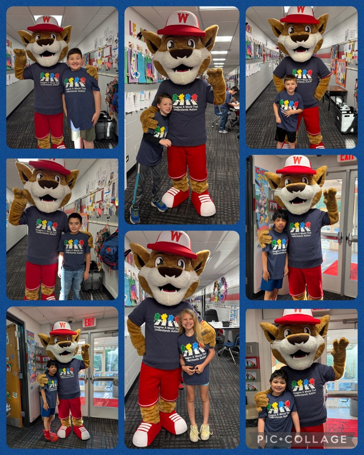A collage picture of students wearing their autism awareness shirt with Westie