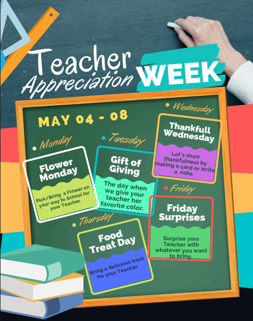 Teacher Appreciation Week. May 4-8. Flower Monday, pick or bring a flower to your teacher. Gift of Giving Tuesday, bring something that is your teacher's favorite color. Thankful Wednesday, make your teacher a card or write them a note. Food Treat Thursday, bring a delicious treat for your teacher. Friday Surprises, surprise your teacher with whatever you'd like to.