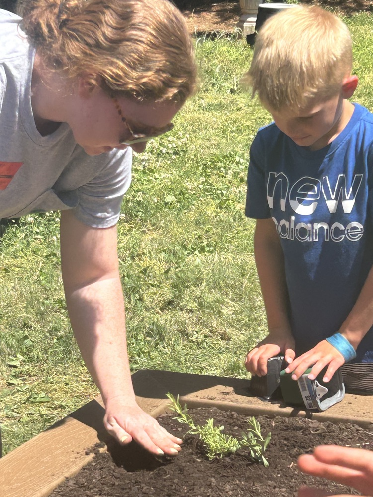 A student planting a plant in the new flower bed