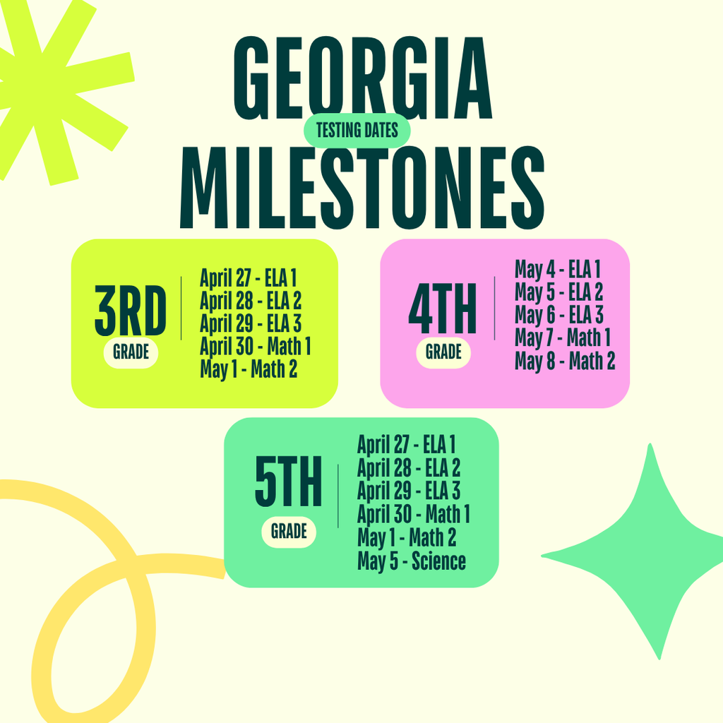 Testing begins next week! 3rd Grade - April 27 - ELA 1 April 28 - ELA 2 April 29 - ELA 3 April 30 - Math 1 May 1 - Math 2, 4th Grade - May 4 - ELA 1 May 5 - ELA 2 May 6 - ELA 3 May 7 - Math 1 May 8 - Math 2, and 5th Grade - April 27 - ELA 1 April 28 - ELA 2 April 29 - ELA 3 April 30 - Math 1 May 1 - Math 2 May 5 - Science 