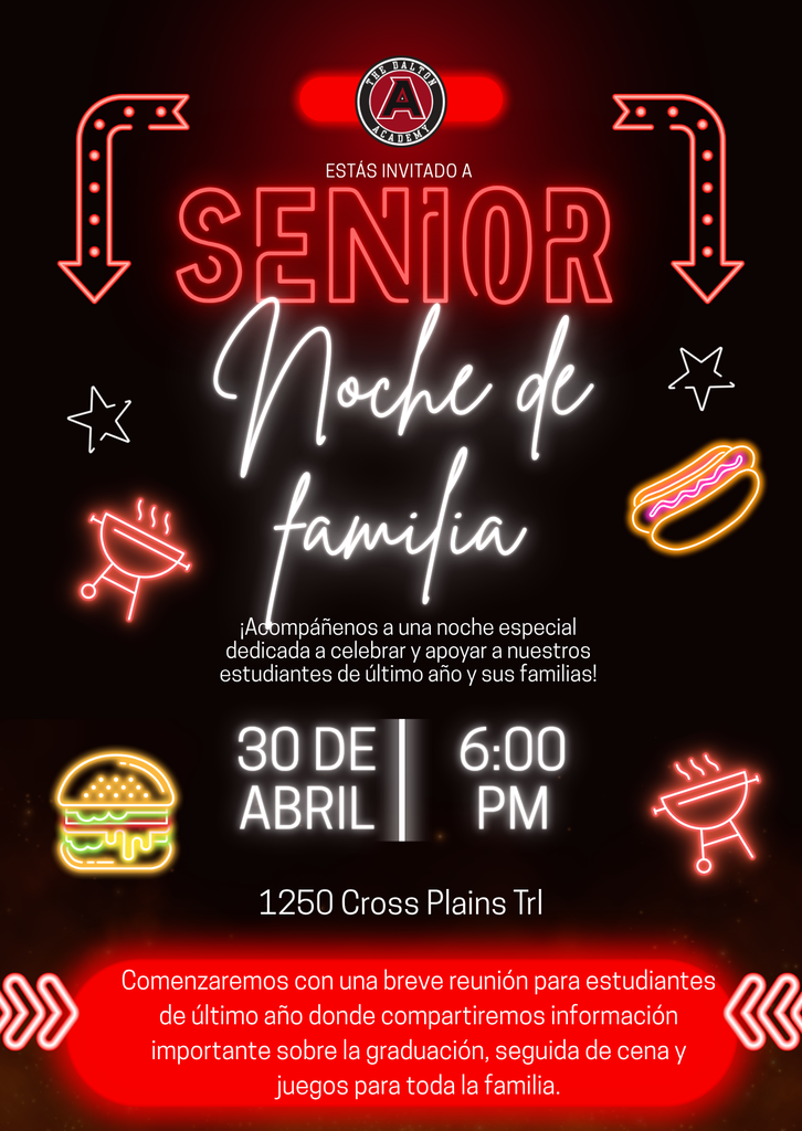 Senior meeting, April 30th at 6:00 PM. We'll begin with a brief senior meeting to share important graduation information, followed by dinner and games for the whole family.