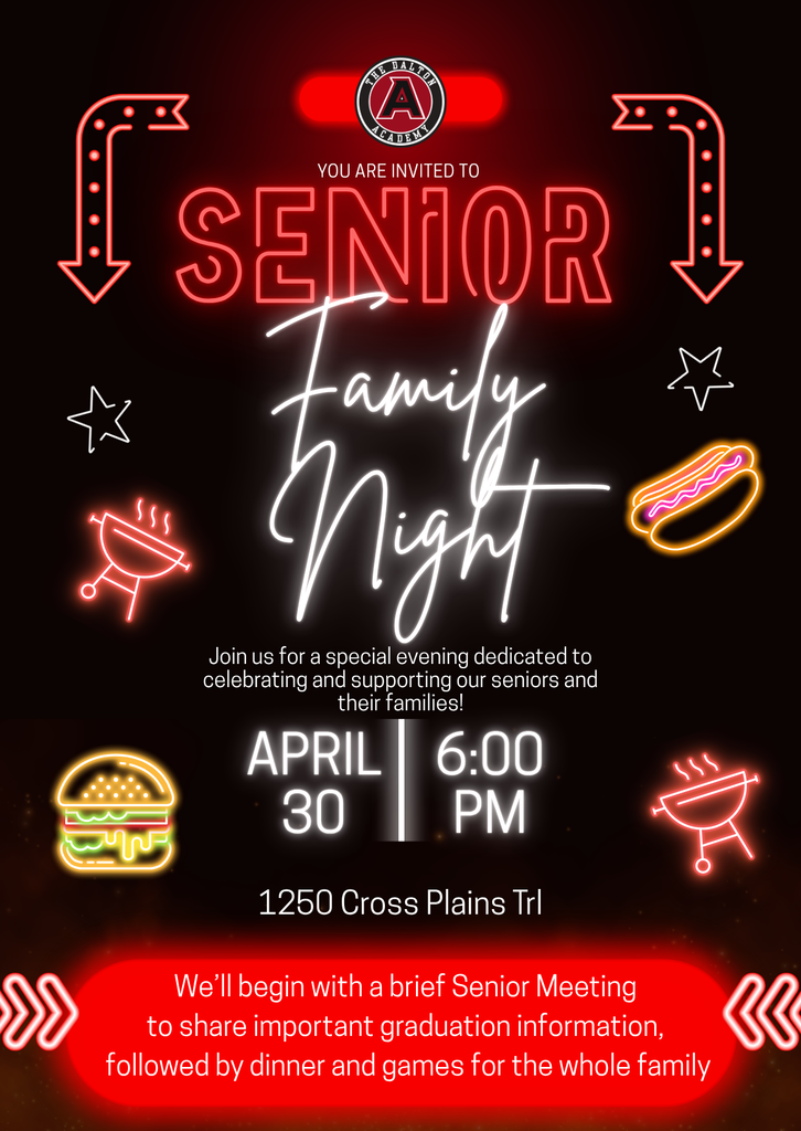 Senior meeting, April 30th at 6:00 PM. We'll begin with a brief senior meeting to share important graduation information, followed by dinner and games for the whole family.