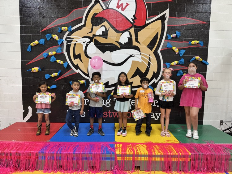 A picture of the grade level winners of the biggest bubble gum standing on the front stage holding their certificates 