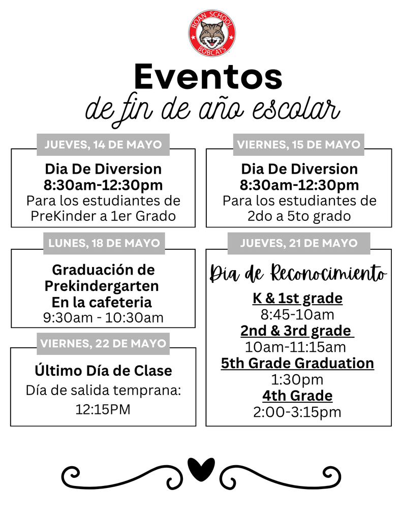 Un gráfico que muestra las fechas y horarios de los eventos de fin de año en la Escuela Roan.