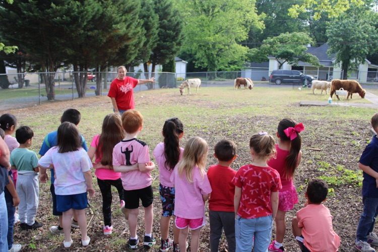 A pictures of PreK students gathering outside listening to the farmer talking and pointing to the farm animals 