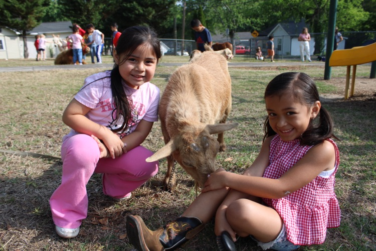 Two girls sitting in on the ground petting a calf 