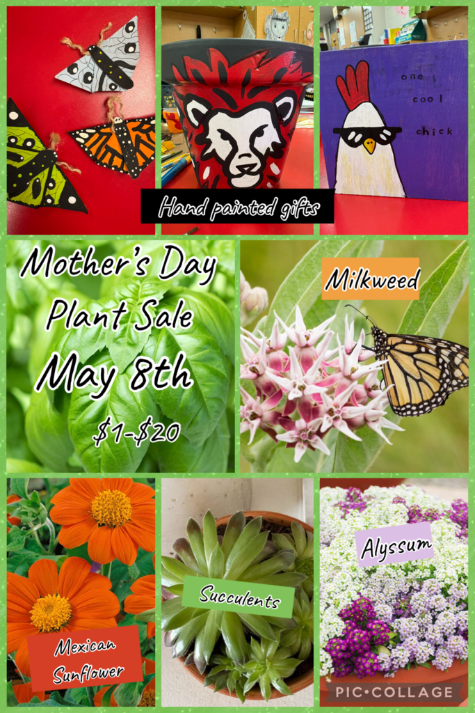 Friday is Kindergarten's annual Mother's Day Plant Sale! There will be milkweed, alyssum, succulents, hand painted crafts, and so much more! Prices range from $1 - $20!