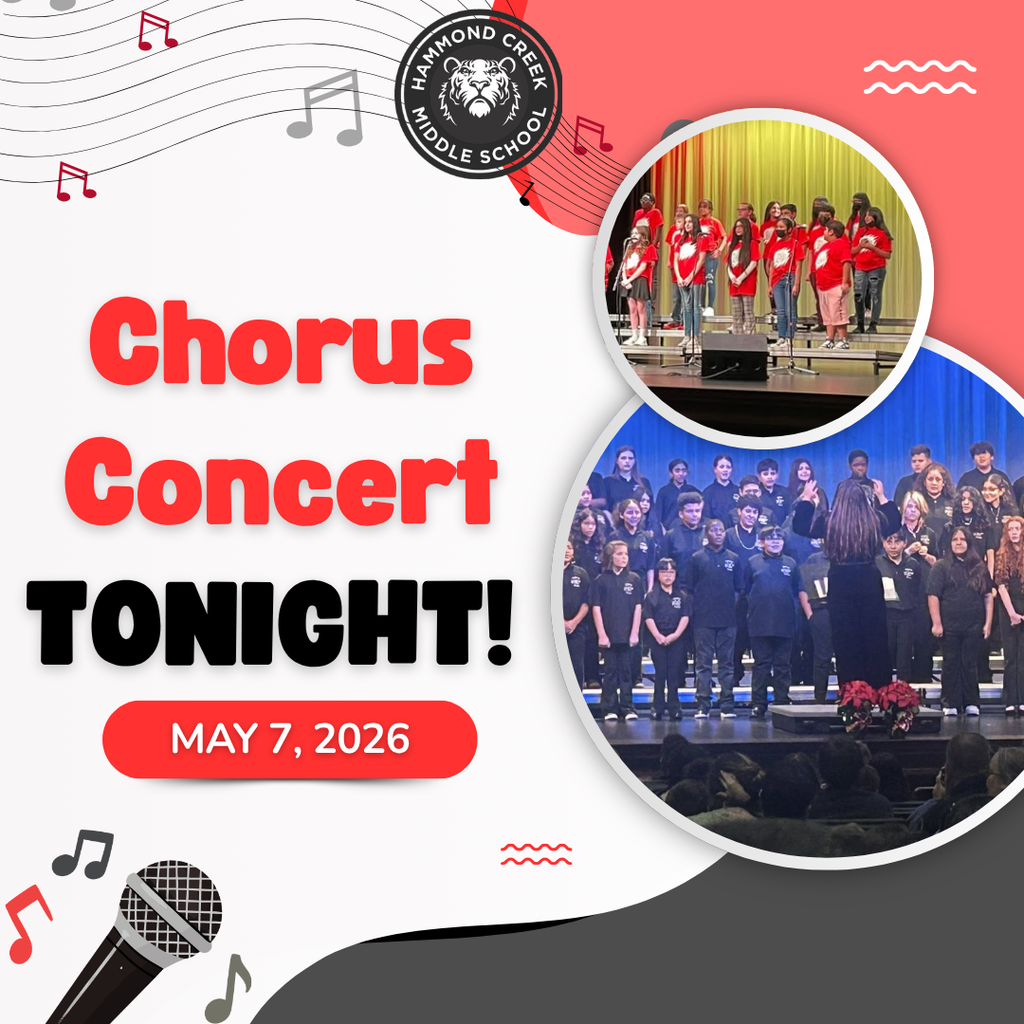 Graphic promoting a school chorus concert. Text reads “Chorus Concert TONIGHT! May 7, 2026.” Two photos show students performing on stage in a choir. Musical notes and a microphone illustration decorate the design.