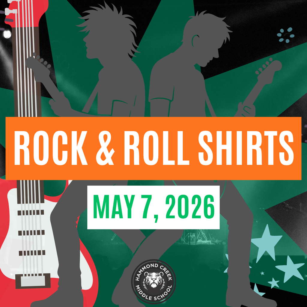 Graphic promoting a dress-up day at Hammond Creek Middle School. Text reads “Rock & Roll Shirts” with the date “May 7, 2026.” The design features silhouettes of two people playing electric guitars with a large guitar in the background.