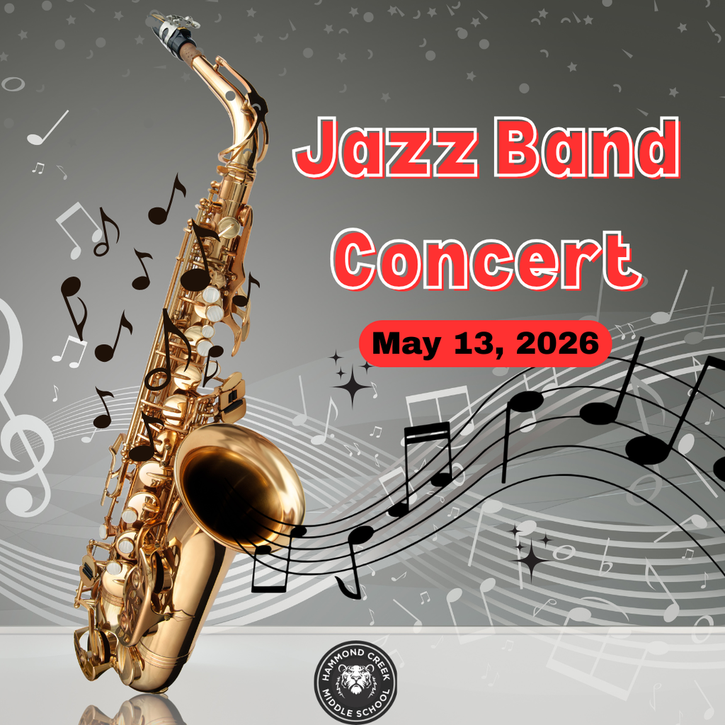 Graphic promoting a jazz band concert. Text reads “Jazz Band Concert” with the date “May 13, 2026.” The design features a saxophone with musical notes and staff lines.