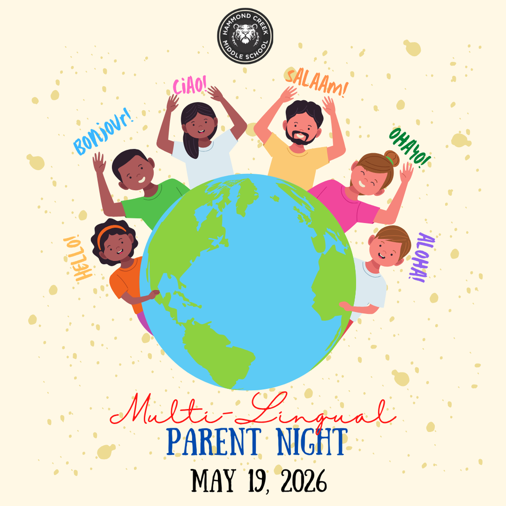 Graphic promoting “Multi-Lingual Parent Night” with the date “May 19, 2026.” The design shows children gathered around a globe with greetings in multiple languages.