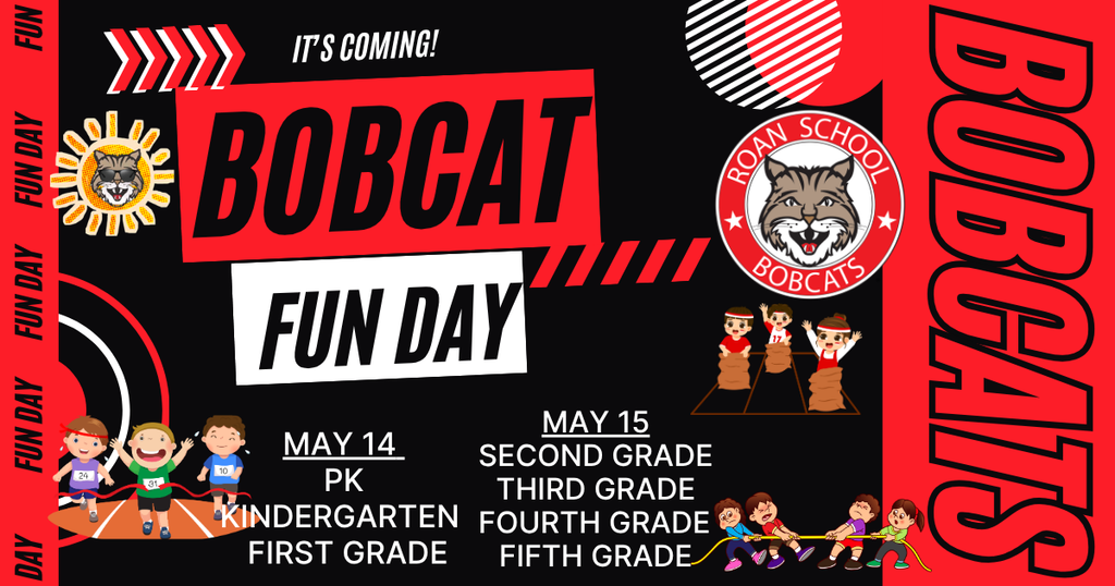 A graphic that is black and red and shows children playing announcing Field Day.