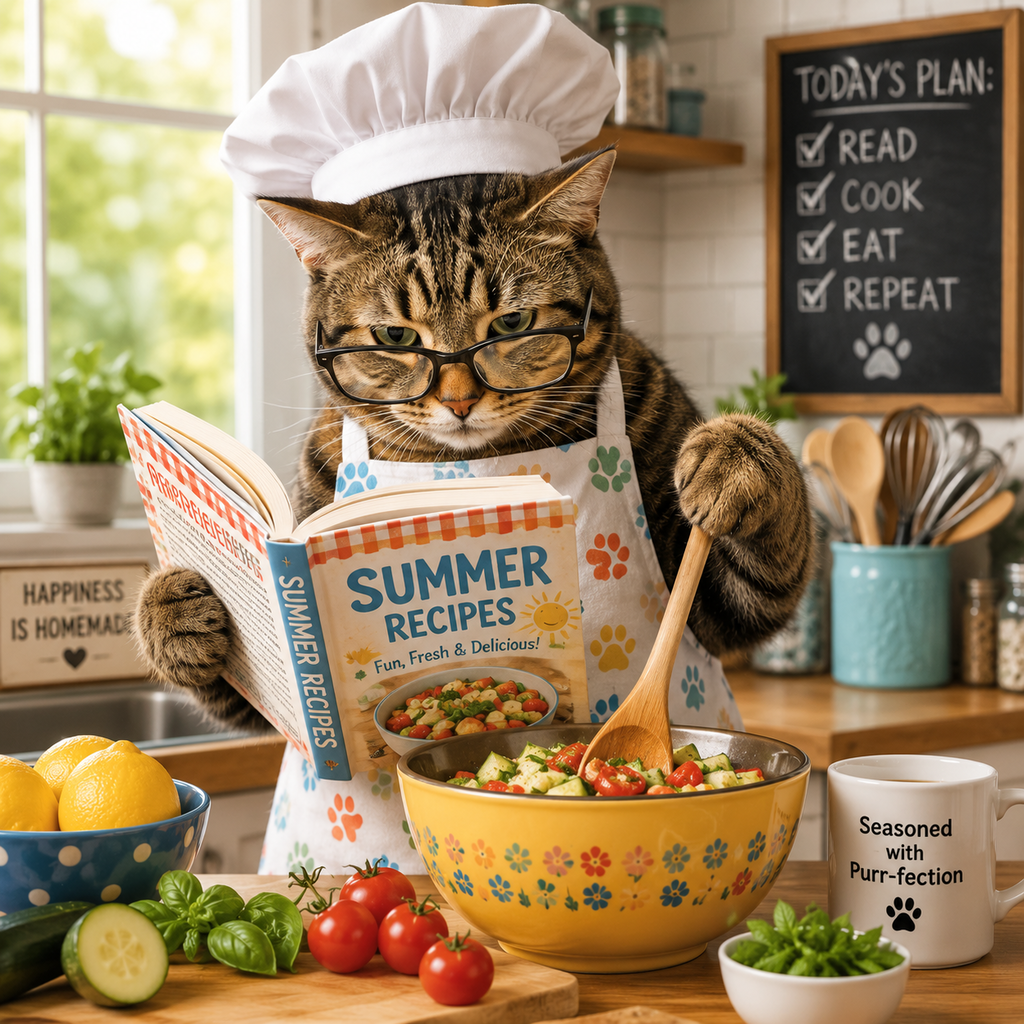 cat cooking while using recipe book