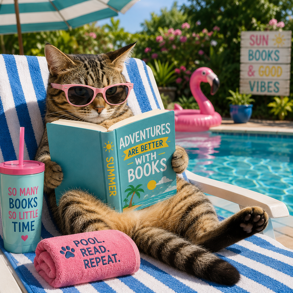 cat reading poolside