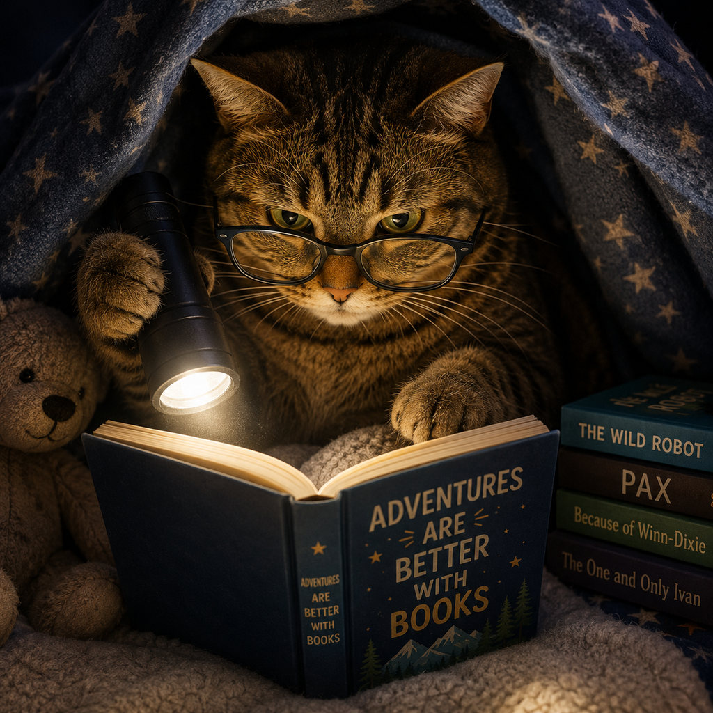 cat reading with flashlight