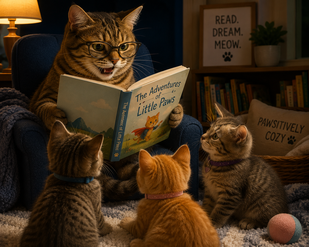 cat reading aloud to cat family