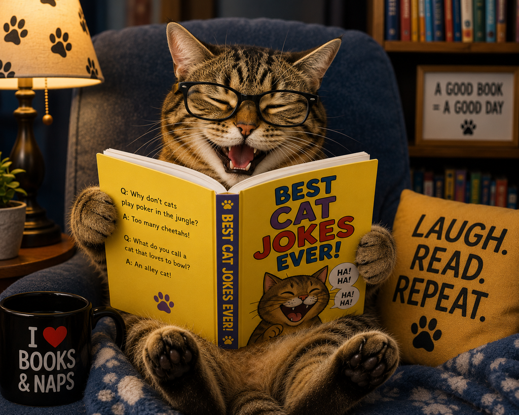 cat reading joke book