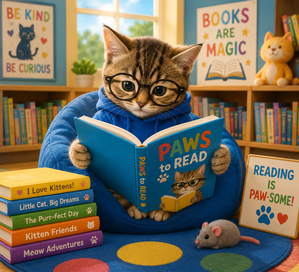 cat reading in library