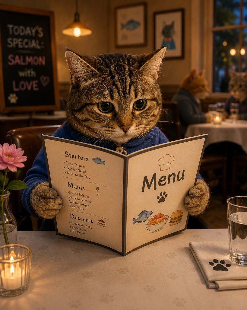 cat reading a menu