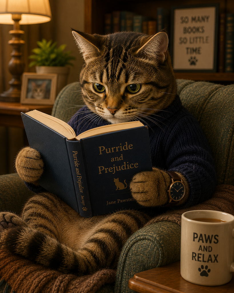 cat reading with watch