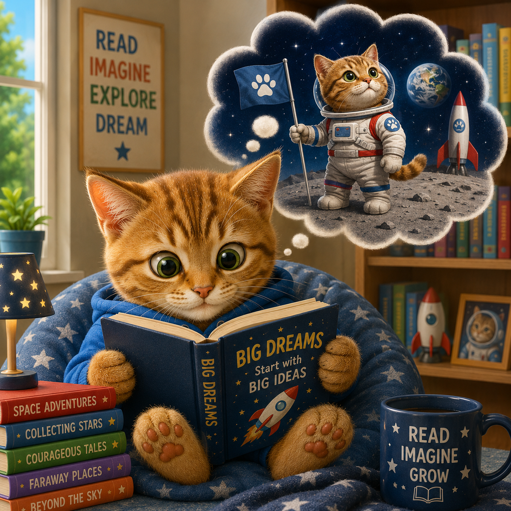 Cat reading and imagining