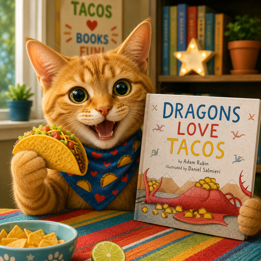 cat with taco an d Dragons Love Tacos book