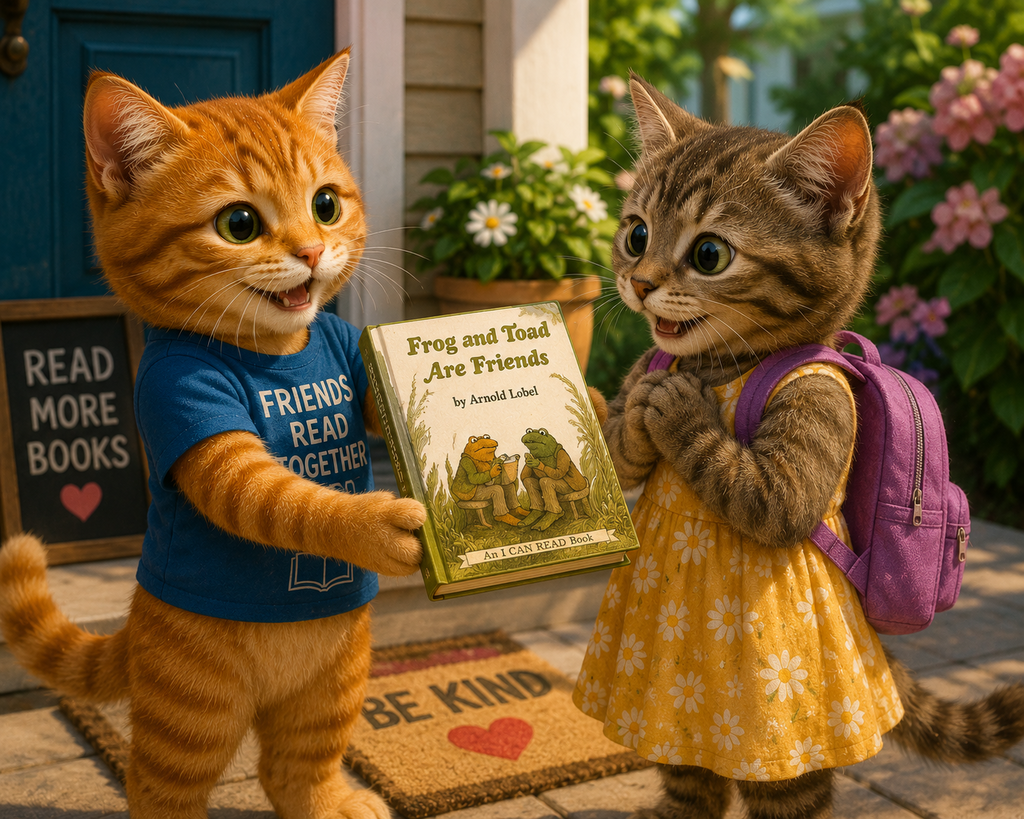 cat giving frog and toad are friends to a cat friend