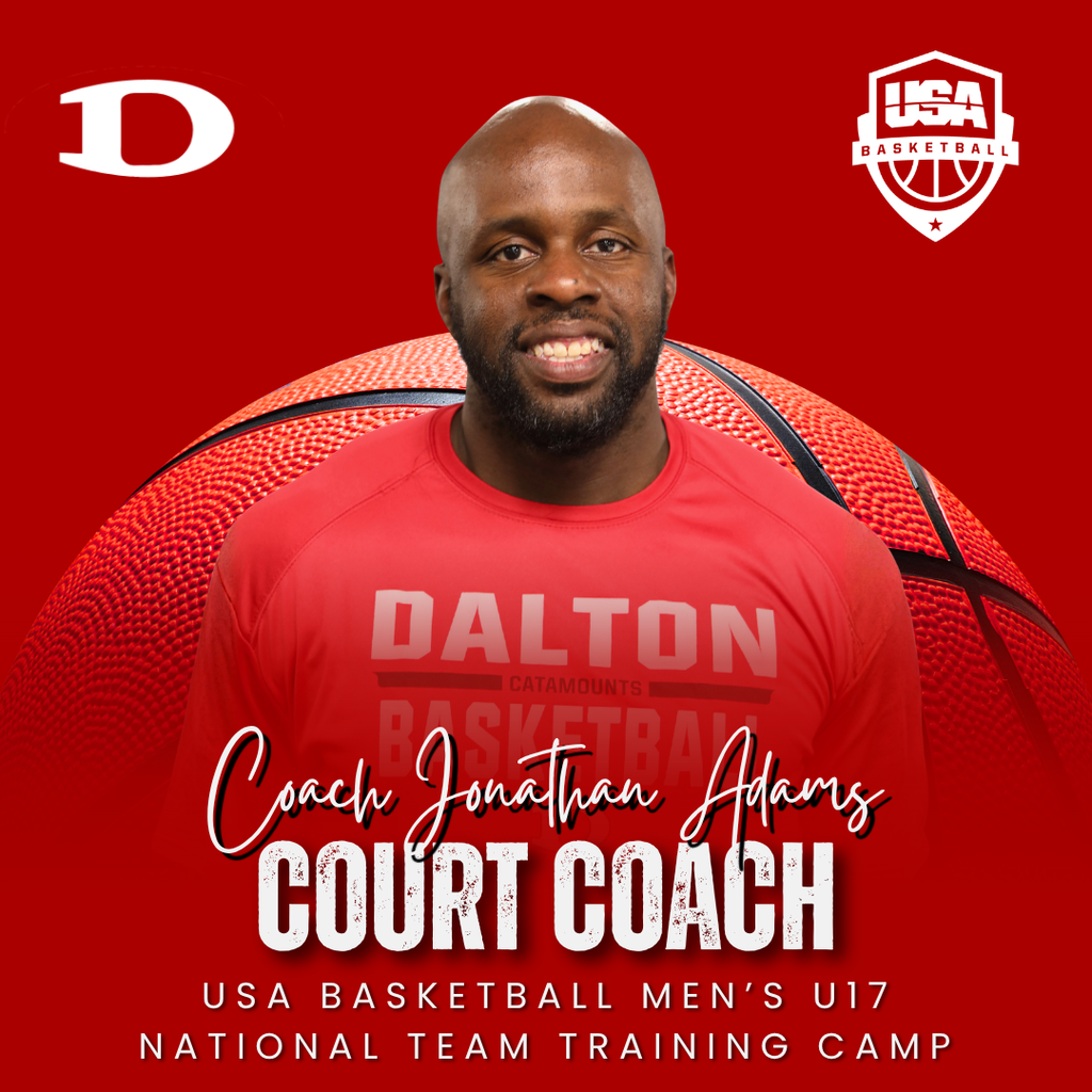 Graphic celebrating a Dalton High School basketball coachās selection to a national coaching opportunity. The image features a smiling coach wearing a red Dalton Catamounts Basketball shirt, standing in front of a large basketball on a red background. Dalton and USA Basketball logos appear in the upper corners. Text highlights Coach Jonathan Adamsā role as a court coach at the USA Basketball Menās U17 National Team Training Camp, recognizing his achievement and representing Dalton Public Schools on a national stage.