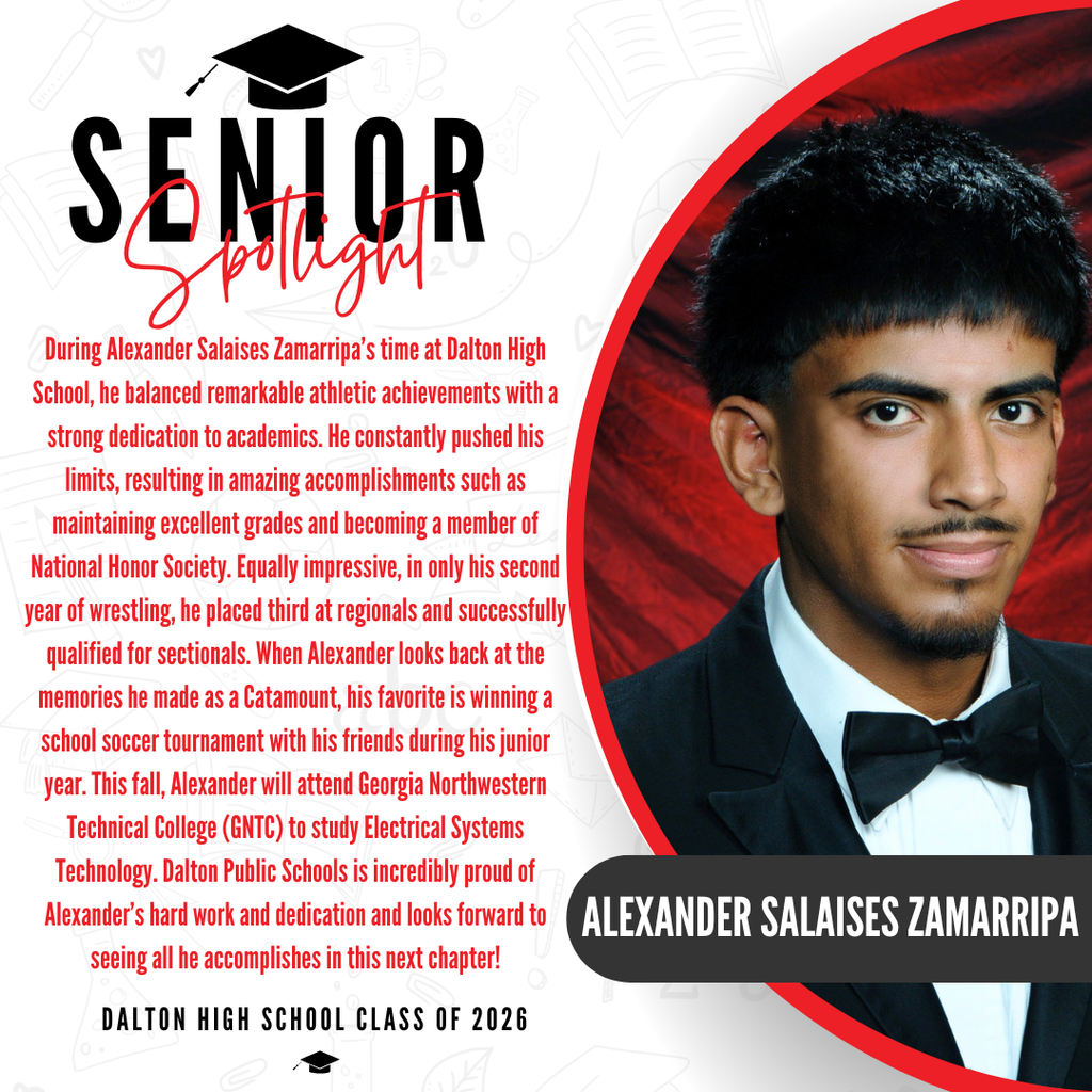 A senior spotlight graphic for Alexander Salaises Zamarripa from the Dalton High School Class of 2026. On the right side, a portrait shows the lower half of his face, wearing a formal black tuxedo and a black bow tie against a red background, with his name "ALEXANDER SALAISES ZAMARRIPA" displayed in bold white text inside a black banner. On the left side, red text highlights his achievements, noting his membership in the National Honor Society and his success in wrestling, where in only his second year he placed third at regionals and successfully qualified for sectionals. It shares that his favorite high school memory as a Catamount was winning a school soccer tournament with his friends during his junior year. The text states that this fall, Alexander will attend Georgia Northwestern Technical College (GNTC) to study Electrical Systems Technology, and concludes with a proud message from Dalton Public Schools celebrating his hard work and dedication.