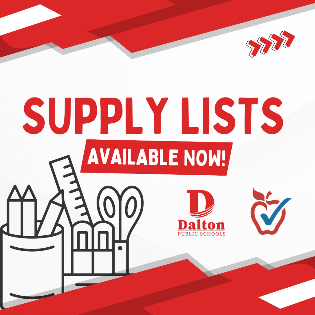 **Alt text:** Graphic announcing that Dalton Public Schools school supply lists are now available. The design features a red, white, and gray school-themed background with an illustration of a pencil holder containing pencils, a ruler, and scissors. Large text reads, “Supply Lists Available Now!” The Dalton Public Schools logo and the TeacherLists logo appear near the bottom, highlighting the district’s partnership to help families access school supply information.