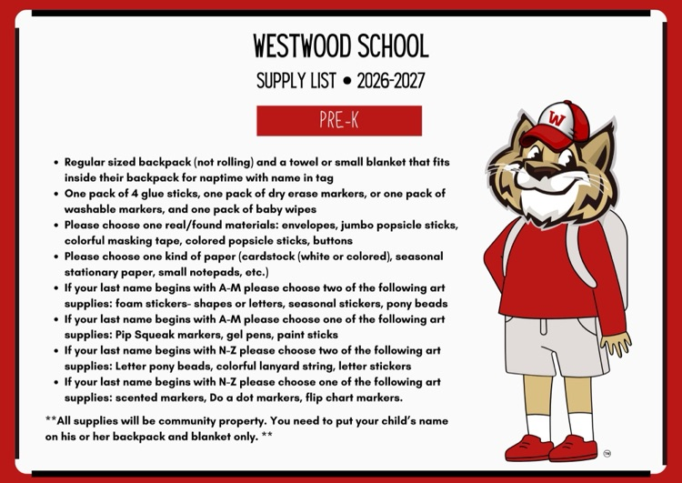 PreK 2026-2027 School Supply List