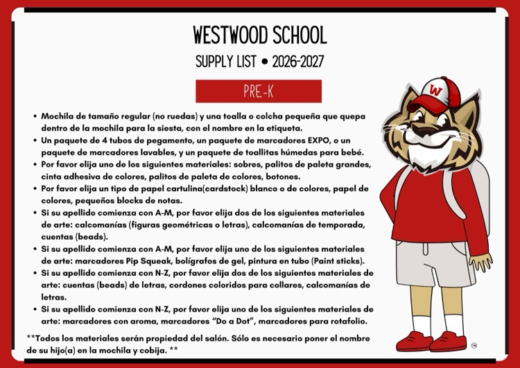 PreK 2026-2027 School Supply List-Spanish
