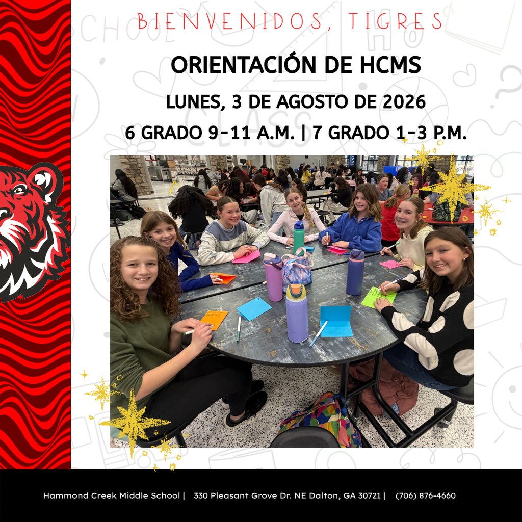 Anuncio de orientación de HCMS: 3 de agosto de 2026. 6.º grado de 9-11 a.m.; 7.º grado de 1-3 p.m. Estudiantes participan en una actividad.