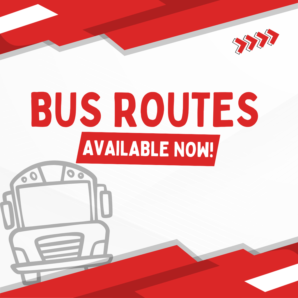 A square graphic with bold red lettering reading "BUS ROUTES" above a red banner that reads "AVAILABLE NOW!" in white text. The bottom-left section includes a simplified white-line illustration of the front of a yellow school bus. Geometric red and white angular blocks border the top and bottom edges of the frame, set against a light background.