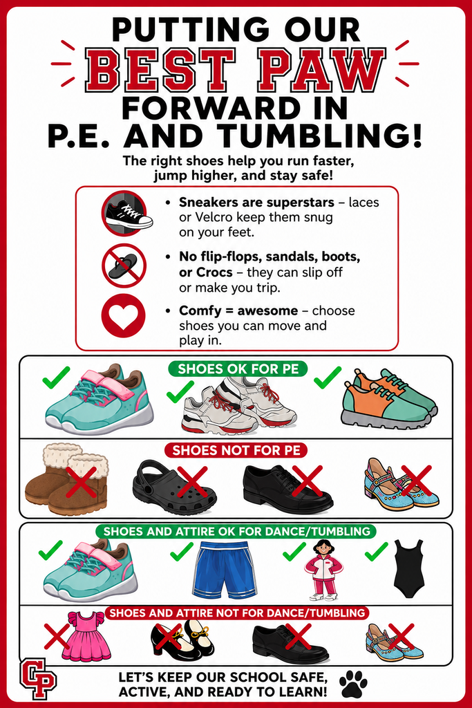 graphic for appropriate PE and Tumbling footwear and clothing 
