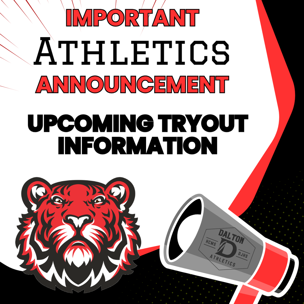 Graphic announcing upcoming HCMS and DJHS athletics tryout information, featuring a tiger mascot and a megaphone in school colors.