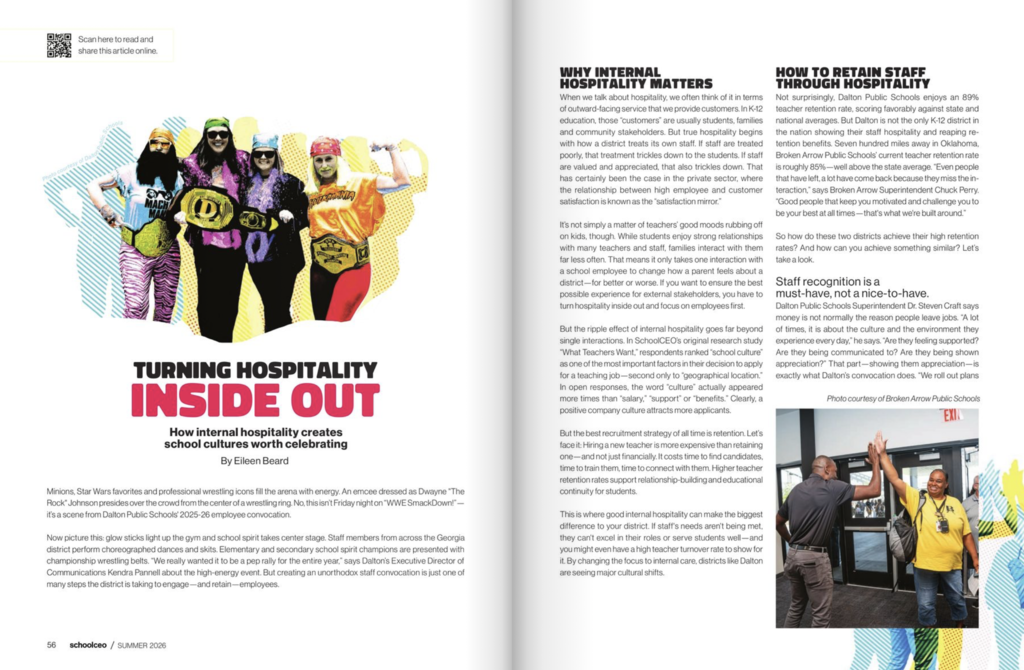 A two-page spread from the Summer 2026 issue of SchoolCEO magazine (pages 56-57). The left page is titled "TURNING HOSPITALITY INSIDE OUT: How internal hospitality creates school cultures worth celebrating" by Eileen Beard. It includes a cut-out photo of four school staff members dressed in vibrant professional wrestling costumes and championship belts. The right page features two article sections: "WHY INTERNAL HOSPITALITY MATTERS" and "HOW TO RETAIN STAFF THROUGH HOSPITALITY". A photo on the lower right shows a woman in a yellow shirt high-fiving a colleague at a doorway near an EXIT sign.