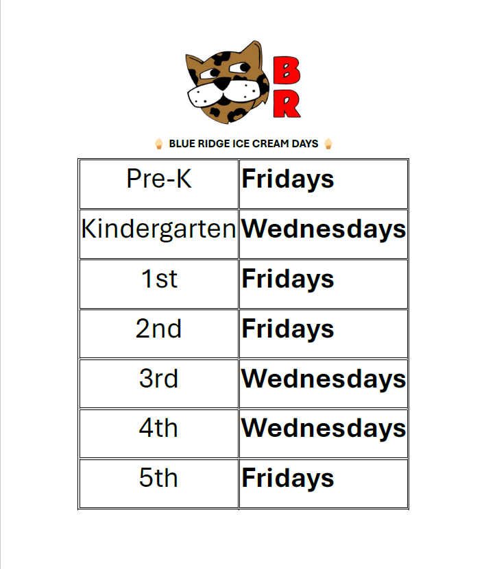 Flyer with school's jaguar mascot giving the ice cream sales schedule for each grade level. Pre-K, 1st, 2nd, and 5th grades on Fridays. Kindergarten, 3rd, and 4th on Wednesdays. 