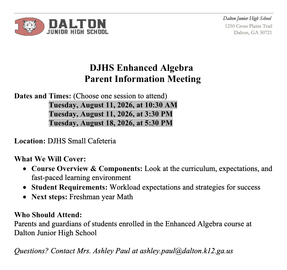 DJHS ENHANCED ALGEBRA PARENT INFORMATION MEETING