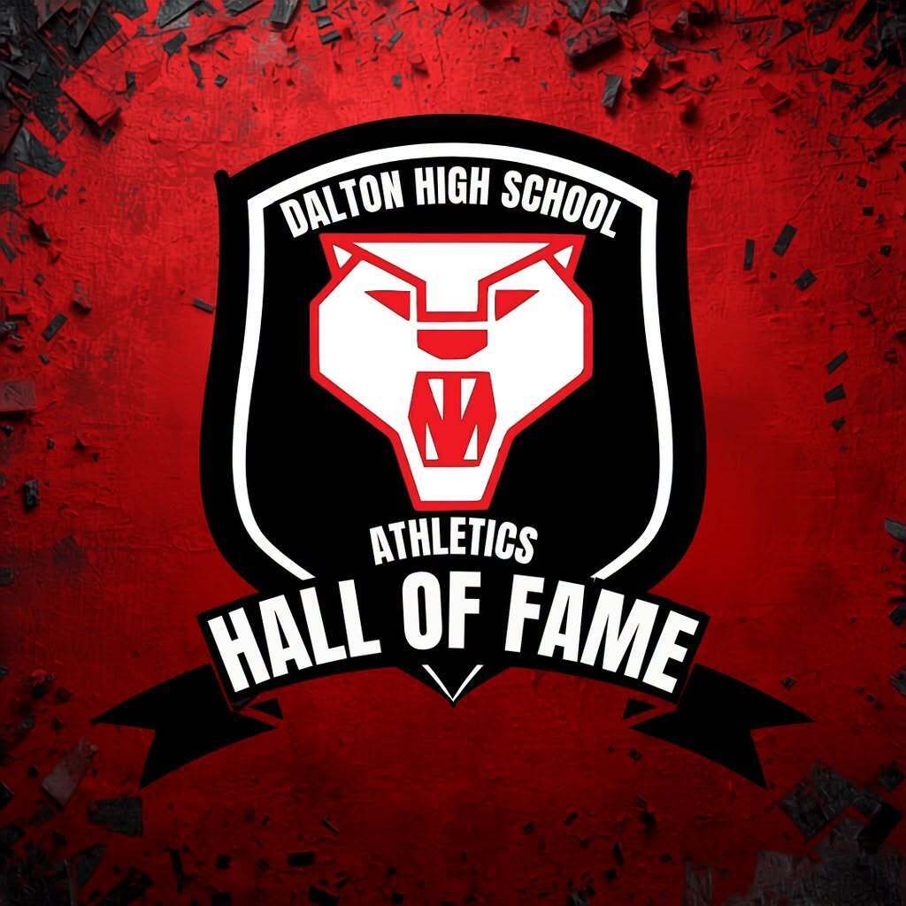 A graphic logo for the "DALTON HIGH SCHOOL ATHLETICS HALL OF FAME" set against a textured, dark red background with scattered black debris accents. The central feature is a black shield with a white inner border containing a stylized red and white catamount head logo. The text "DALTON HIGH SCHOOL" is arched across the top inside the shield, "ATHLETICS" is written near the bottom, and a black ribbon banner across the base reads "HALL OF FAME" in bold white lettering.