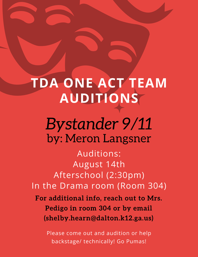 Promotional flyer for TDA One Act Team auditions for the play "Bystander 9/11" by Meron Langsner, taking place on August 14th at 2:30 PM in Room 304.