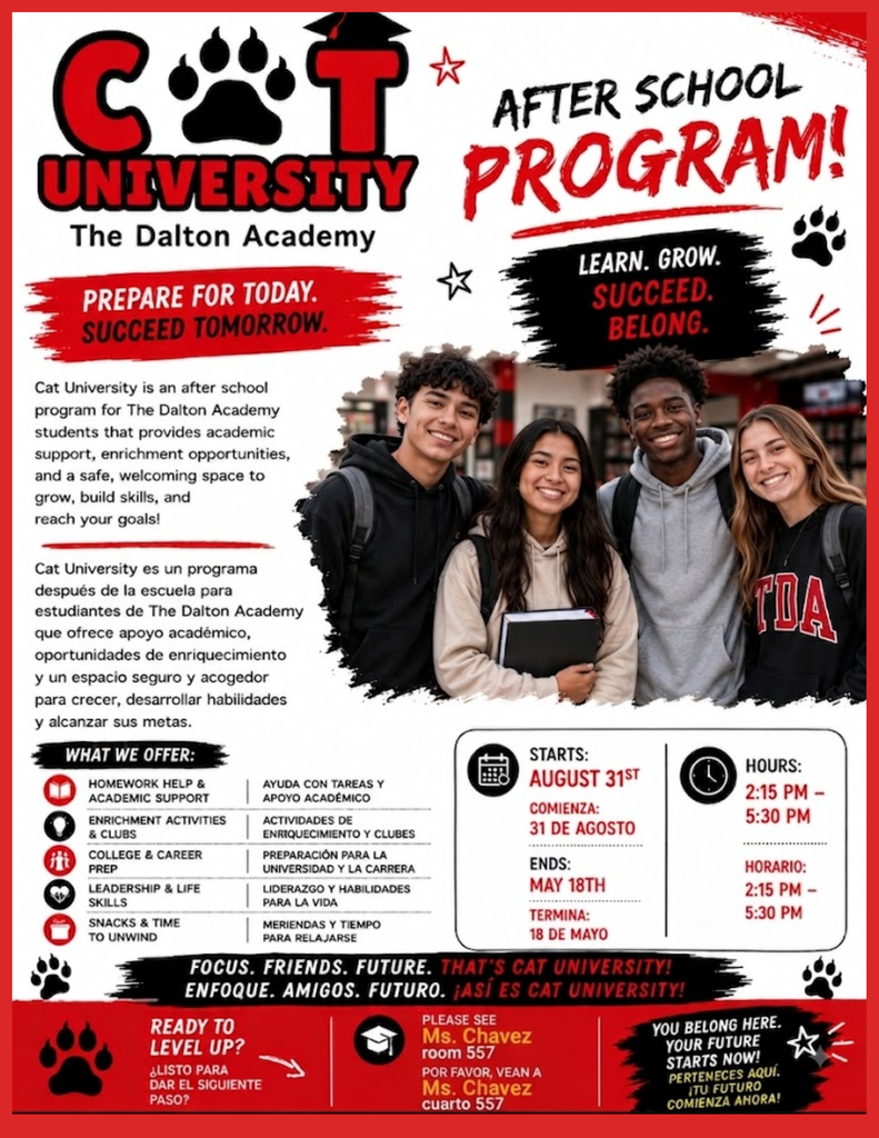 Promotional flyer in English and Spanish for "Cat University," an after-school program at The Dalton Academy running from August 31st to May 18th (2:15 PM – 5:30 PM), offering homework help, clubs, college prep, and snacks.