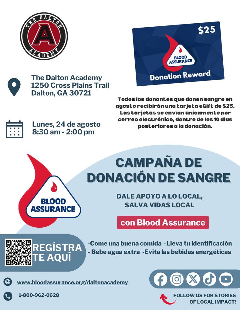 Promotional poster for a Blood Assurance blood drive at The Dalton Academy on Monday, August 24th, from 8:30 AM to 2:00 PM. All August donors receive a $25 eGift card.