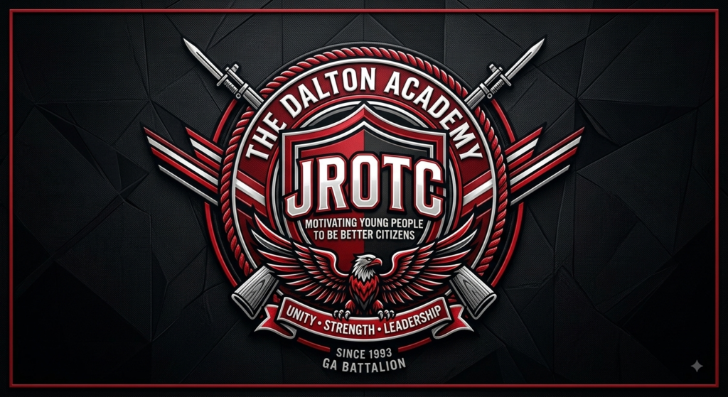 Logo crest for The Dalton Academy JROTC, featuring a shield, crossed rifles with bayonets, an eagle with outstretched wings, and the motto "Unity • Strength • Leadership.