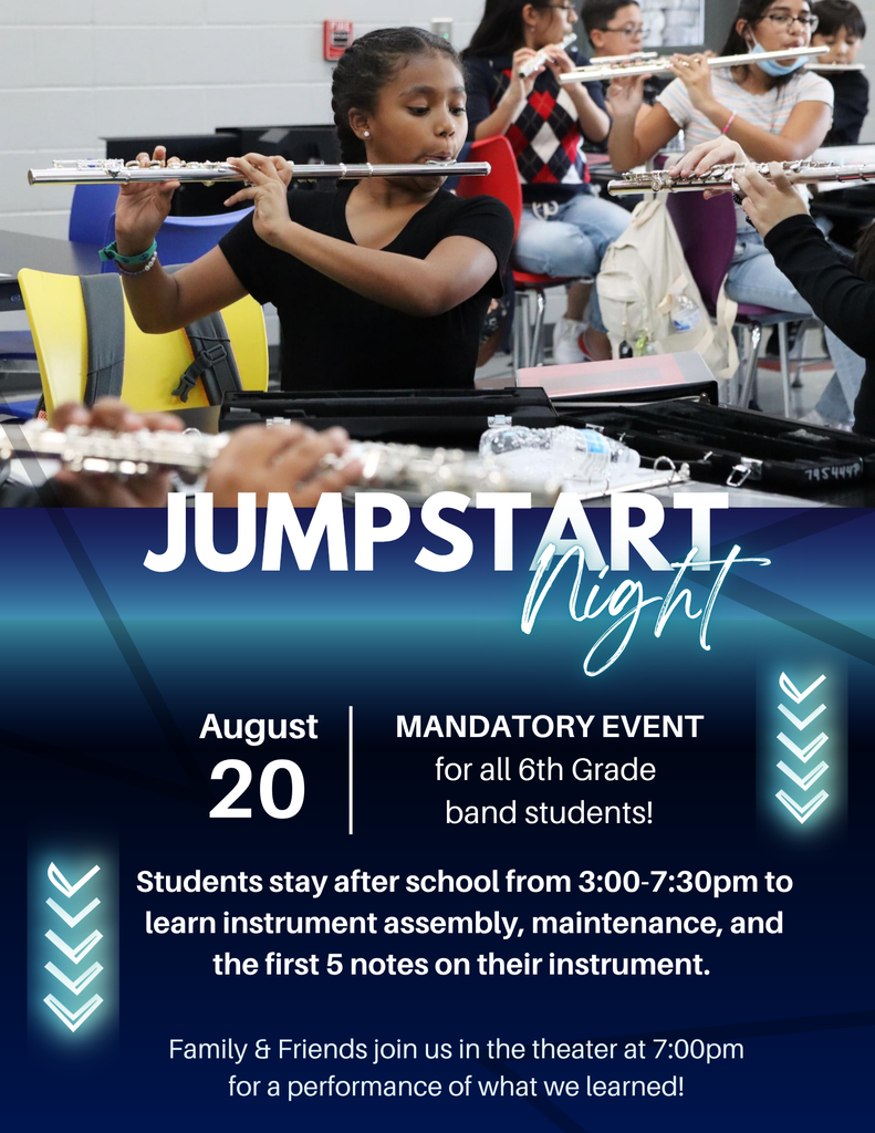 Promotional graphic for "Jumpstart Night" featuring sixth-grade band students playing instruments in a classroom. Text states that Jumpstart Night is a mandatory event for all sixth-grade band students on August 20. Students will stay after school from 3:00 PM to 7:30 PM to learn instrument assembly, maintenance, and the first five notes on their instrument. Family and friends are invited to attend a performance in the theater at 7:00 PM showcasing what students learned.